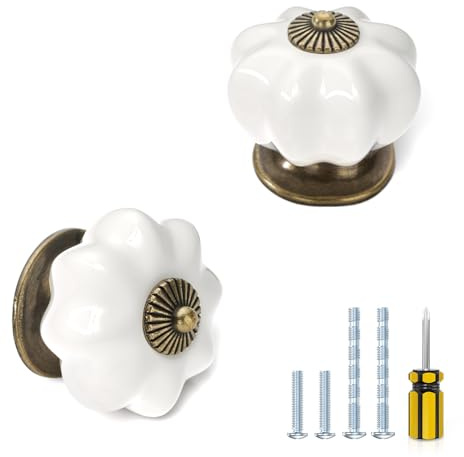 ELEBUILD 12 Pack Ceramic Cabinet Knobs, White Kitchen Cupboard Pulls, 37mm Single Hole Handle, Classic Antique Pull Handle, Vintage Door Knobs for Chest of Drawer, Dresser, Wardrobe, Home Decoration