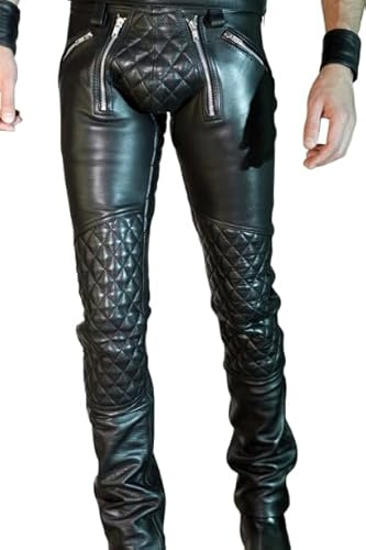 Jean de moto matelassé en cuir de mouton véritable pour homme, coupe ajustée, pantalon de motard pour équitation, pantalon élégant et confortable, Noir , 34W / 31L