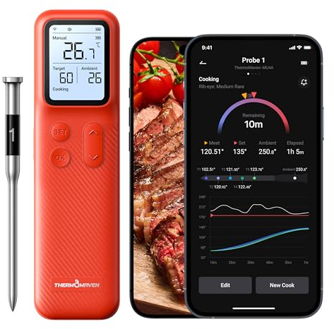 ThermoMaven P1 Smarte Fleischthermometer Kabellose – 152m Bluetooth 5.3, 1 Sonde 6 Sensoren, Unbegrenzte WLAN Überwachung Stabilität, IPX8 Wasserdicht, Grill Ofen Küche Lebensmittel Heißluftfritteuse