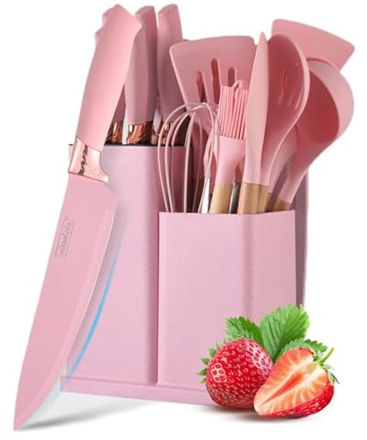 AVEKI Cooking Utensils Set, Pink 19PC Silicone Kitchen Utensil Set and Stainless Steel Knife Set with Block, Non-stick Heat Resistan Kitchen Tools and Gadgets for Home Restaurant (Pink)