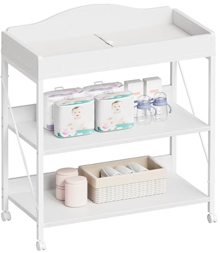 Yetom Baby Changing Table, Diaper Changing Station with Pad and Wheels, Two-Tier Open Storage Shelves, Waterproof Diaper pad & Safety Strap, Compact Baby Furniture for Nursery, White