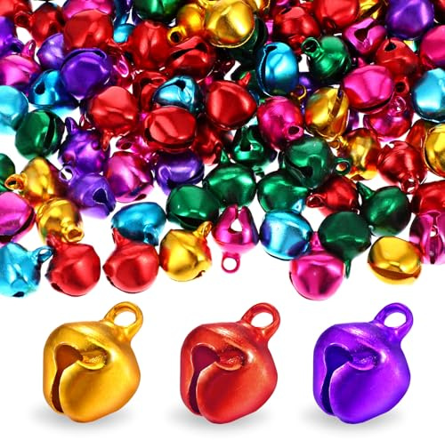 Bremorou: 150 cascabeles multicolor para manualidades, mini campanas de 1/2 pulgada para decoración de festivales y fiestas, campanas de metal para manualidades y decoración navideña
