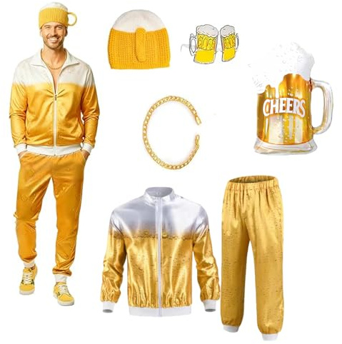 SSKHE Deguisement Anno 80 90 Uomo Donna, Vestito da birra discoteca Retro Giacca Pantaloni travestimento, Occhiali,Collana,Palla,Cappello,per Festival Birra, Carnevale, Halloween, Festa, giallo, XL