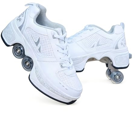 2 in 1 Pattini a Rotelle Estraibili Scarpe da Ginnastica Deformabili per Donna e Uomo | 4 Ruote Retrattili Doppia Fila Estensibili Pattini a Quattro Ruote Unisex per Uso Interno(White,41)