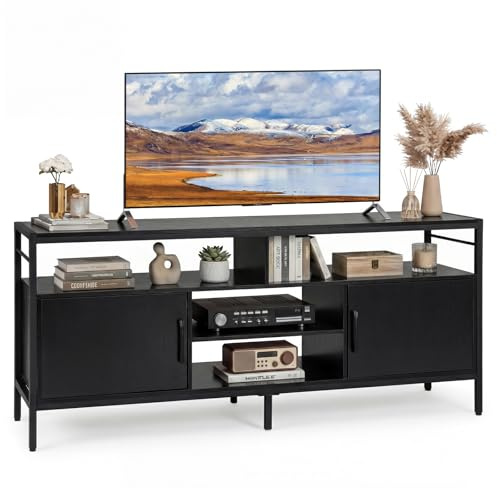 COSTWAY TV-Schrank für Fernseher 65, Lowboard mit 2 Schränke & 4 offenen Regalen, Fernsehtisch mit erhöhten Metallbeinen, Fernsehschrank für Wohnzimmer, 147 x 35 x 63,5 cm (Schwarz)