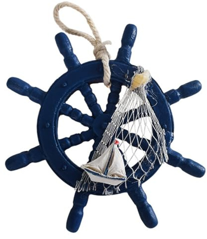 Timone Decorativo in Legno per Parete, Stile Costiero Blu | Nautico per Bar e Casa, Finitura Lucida senza Graffi, Piccolo Ornamento da Appendere