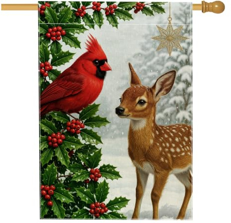 Bandera de casa de cardenal, bandera de invierno con acebo rojo de arpillera roja de doble cara decorativa para porche exterior para patio al aire libre, entrada, campamento, 28 x 40 pulgadas