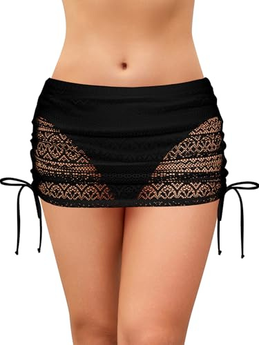 SHEKINI Gonna da Bagno Donna in Pizzo con Slip Interno Pantaloni da Bagno da Spiaggia Coulisse Regolabile Cutout Trasparente Gonna Corta a Vita Alta Bikini Fondo(L,A-Nero.)
