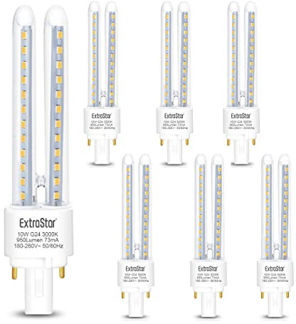 EXTRASTAR 2 Pines Bombillas LED PLC Tubo 2U,10W, 950Lm, Maiz G24, Blanco Cálido 3000K, No regulable Pack de 6