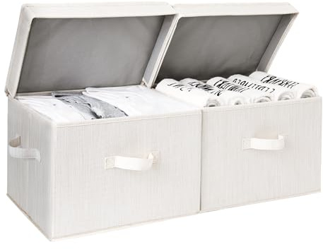 StorageWorks Scatole con coperchio, cesti decorativi in tessuto con manici per organizzare vestiti e armadi, contenitori large per scaffali, mix di colori beige, bianco e avorio, confezione da 2