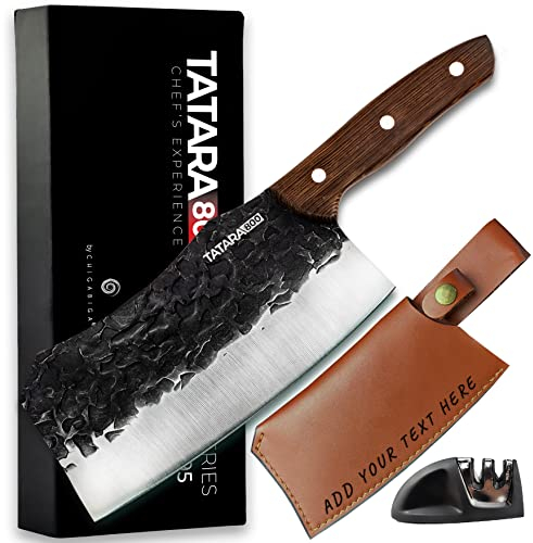 Chigabiga - Hachuela de Carnicero 295mm Estilo Japonés | Acero Inoxidable 7cr17mov | Personalizable | Incluye Funda de Cuero y Afilador de Cerámica | Ideal para Barbacoa