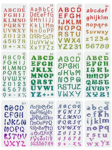 JIASI&JIESY 12 plantillas de letras de 17,8 x 10,2 cm, plantillas de letras grandes, pequeñas y con números, reutilizables, para manualidades