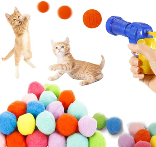 Interaktives Katzenspielzeug 100 Bälle, Katze-Spielzeug Cat Fetch Toy with Launcher, Weiche Katzenbälle, Katze Pompom, Bunte Katzenspielzeug Bälle, Interaktives Spielzeug für Katzen und Kätzchen