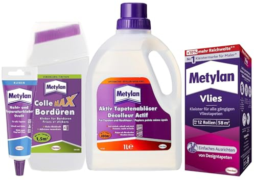 Metylan Vlies, Tapetenkleister (1x360g) & Metylan Bordüren Klebstoff (1x250g) & Metylan Naht- und Reparaturkleber (1x60g) & Metylan Tapetenablöser Aktiv-Konzentrat (1x 1l)