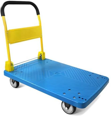 MaxWorks Carrello a spinta pieghevole resistente in PP 50888, capacità 350 kg, piattaforma blu con manico giallo, ideale per casa, giardino, ufficio, officina, magazzino e traslochi