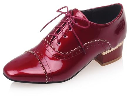 SHEMEE Chunky Heels Oxfords for Women Patent Leather Mid Low Heels Pumps Retro Wingtip Laced Brogues Shoes Red,Size 8.5