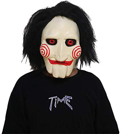 AENEY Scary Saw Mask, Halloween Puppet Jigsaw Mask Horror Full Head with Hair, Creepy Party Cosplay Costume Props (Saw-1)