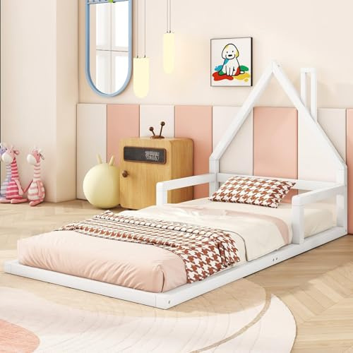 KOMHTOM 90x200cm Lit d'enfant avec Sommier à Lattes en Bois Lit Simple Cadre de Lit Plateforme Forme Maison Convient aux Enfants et aux Adolescents (sans Matelas) (Blanc)