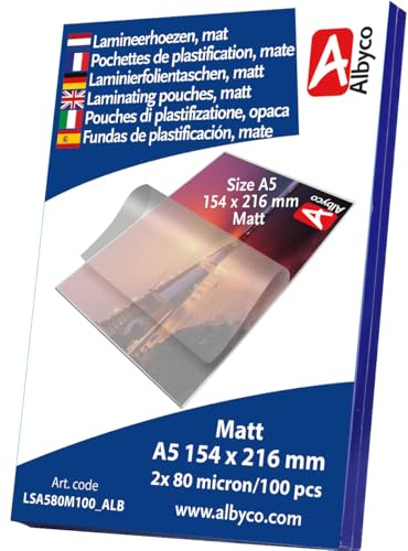 Albyco A5 lamineringsskydd – lamineringsfolie – lamineringsark – storlek A5 154 x 216 mm – storlek 2 x 80 x 80 (160) mikrofon (100 st)