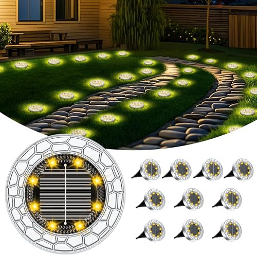Solar Lights Outdoor Garden, 2025 Upgraded 8 LEDs Stainless Steel Solar Garden Lights, IP65 Waterproof Ground Light for Pathway, Lawn, Yard Decorative Lighting (Stainless Steel, 10 Pack, Warm White)