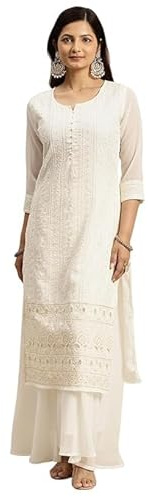 Sambhav Quilt Hub Georgette Anarkali Lucknowi Chikankari etniska kläder Kurta rak Kurti Kurta tunika klänning, Grädde, L