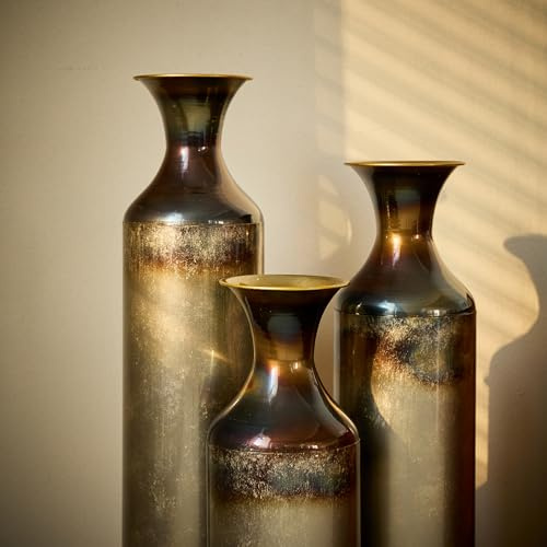 Extra Large Floor Vases Decorative Tall Set of 3, Rustic Burnt Finish Metal Floor Vases for Decor Living Room, Fireplace Corner Hallway, Bedroom, Entryway