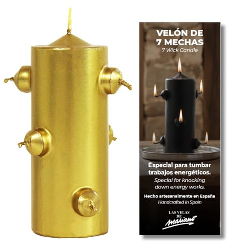 Velón Dorado 7 Mechas para Rituales de Limpieza, Éxito y Prosperidad • 16 cm Alto x 5,5 cm Ancho • Vela Esotérica para Abundancia, Apertura de Caminos y Protección Energética