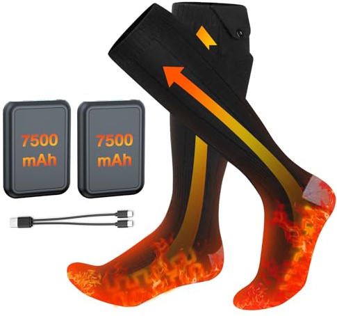 Calcetines Calefactables Recargables, 2 × 7500 mAh/5 V Calcetines Calefactables Mujeres y Hombres Máximo Uso14 H, Calcetines Termicos Ajustables de Lana 4 Niveles 45℃/50℃/60℃/70℃