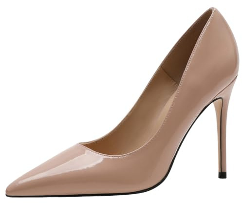 Qynthra Donne Pelle Verniciata Tacchi Classico Stiletto Pumps Punta Court Scarpe per Serata Festa E Occasioni Speciali,Nude(Heel:10cm),36 EU