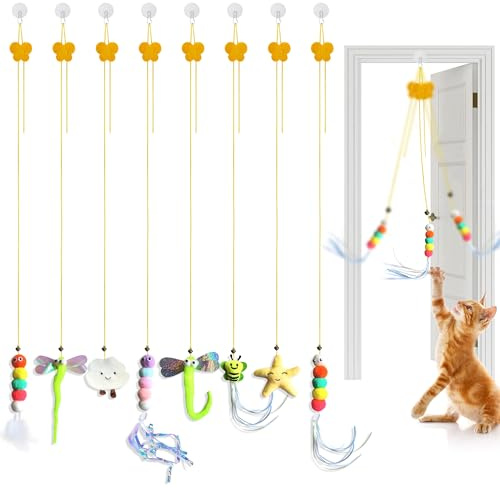 JNYUTEEN 8 Piezas Juguetes para Gatos Colgantes, Juguetes para Gatos Interactivos de Autodescarga con Campana y Plumas, Juguetes para Juego y Entrenamiento en Marco de Puerta