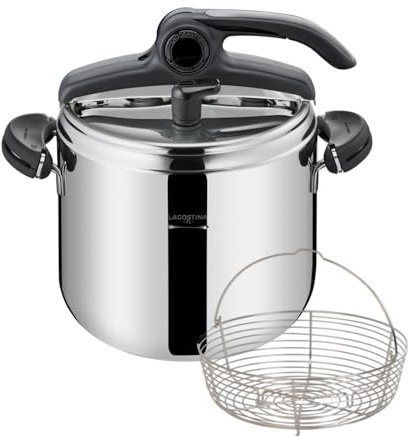 Lagostina Leggera, Pentola a Pressione 7 L in Acciaio Inox, Maniglie a Clip e Cestello Incluso, con Tecnologia Lagoeasy'up® e Fondo Irradial, Compatibile con Induzione