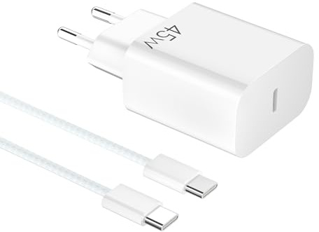 YISH 45W Caricatore USB C Caricabatterie Rapido：GAN PD3.0 Alimentatore USB C Presa per Smartphone 17/16/15/ S26/S25/S24/S23 Type C Tablet Carica Batterie Cellulare USBC Spina, 60W Cavo Type-C 1M