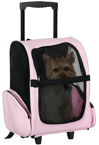 PawHut Transportväska med hjul 2-i-1 rullvagn, hundryggsäck, kattryggsäck med teleskopiskt handtag, förvaringsväskor, ventiler, säkerhetsfäste, 42 x 25 x 55 cm, rosa