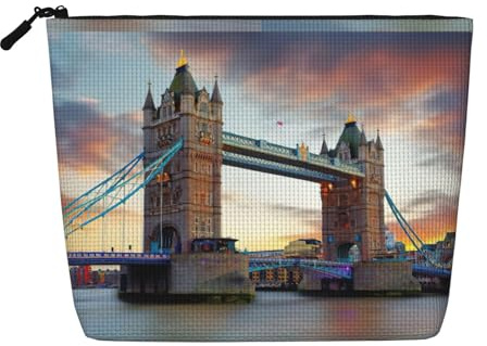 Historic Old Tower Bridge London Zippered Cosmetic Bag Large Capacity, Fake Hemp Travel Pouch Daily Use Women's Organizer