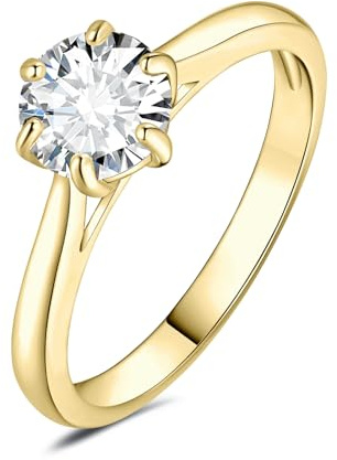 JewelryPalace 1ct klassisk 14K guldpläterad solitärring för kvinnor med kubik zirkon, simulerad diamant gyllene ringar rund sten, enkel ring förlovning guld smycken set kvinnor 13
