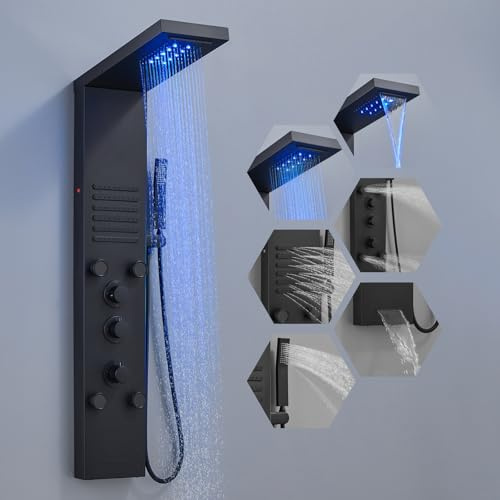 ROVOGO All Black Thermostatic LED Shower Tower, Stainless Steel, Wall Mount | 6-mode Column Shower, 2 Simultaneous Modes, Waterfall & Rain Shower, 2-Style Body Jets, Stainless Steel Handheld, Bath Spout