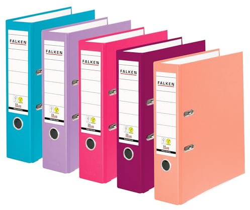 Falken Pack de 5 Archivadores PP-Color, Fabricado en Alemania, 8 cm, DIN A4, surtido en colores pastel, cubierta exterior de plástico, interior de papel, con etiqueta de lomo intercambiable | 1 x turquesa, lila, rosa, mora, salmón, fabricado en Alemania, funda de plástico vegano, cubierta exterior de papel interior