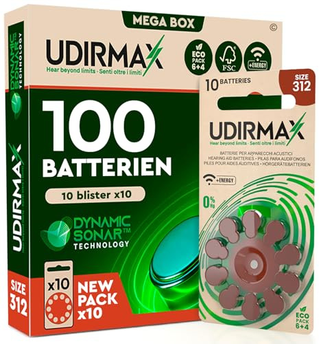 100 Batterie per Apparecchi Acustici Misura 312 PR41 Marroni Udirmax Pile Zinco-Aria con Tecnologia Dynamic Sonar Eco Pack - 10 Blister Ecologici da 10 Pile