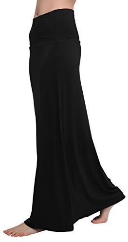 Urban CoCo Women's Stylish Spandex Comfy Fold-Over Flare Long Maxi Skirt(L, Black)