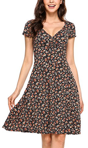 Beyove Blomklänning, knälång A-linje, sommarklänningar, kortärmad, blommig klänning, jerseyklänning, blommig sommar, jersey, V-ringad, A-orange, S