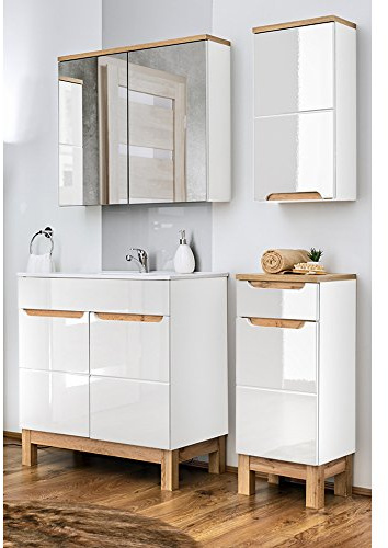Lomadox Badezimmer Badmöbel Set 4teilig 60cm Hochglanz weiß & Keramik Waschbecken Waschtischunterschrank Hängeschrank Unterschrank und Spiegelschrank