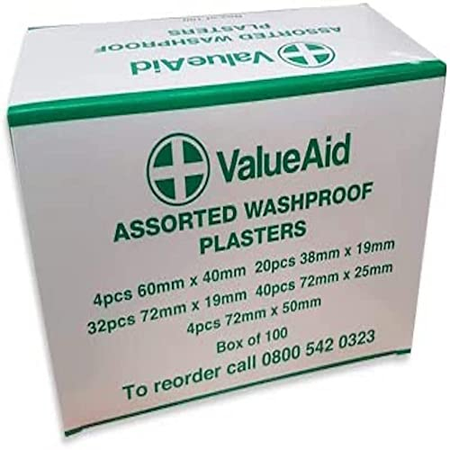 Value Aid Assorted Washproof Plasters - Pack of 100 Individually Wrapped Hypoallergenic, Latex-Free Adhesive - 5 Popular Sizes for First Aid Kit & On-The-Go Medical Supplies