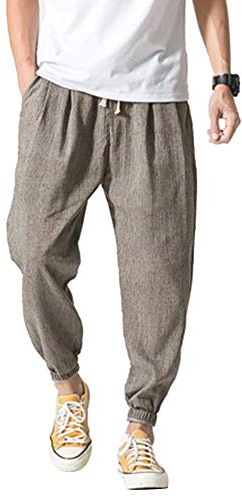 Vanvene - Pantaloni casual da uomo in lino e cotone, leggeri e larghi, da spiaggia, yoga, gamba ampia Grigio XL