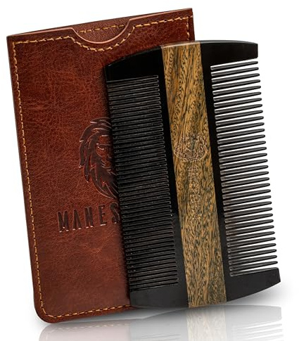 Premium Natural Ox horn and Sandalwood Beard Comb Dual-Action | Double Sided Beard & Mustache Comb with Brown Protective Case | Perfect Grooming Companion & Gift for Men – by Man & Mane