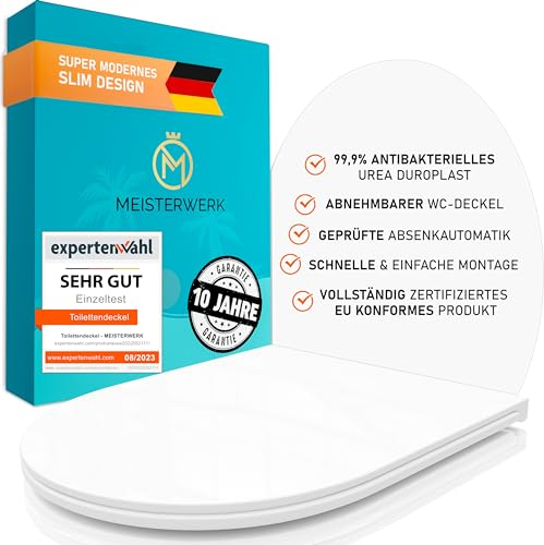 MEISTERWERK Toilettendeckel mit Absenkautomatik - WC Sitz mit 99,9% Antibakterieller Oberfläche - Toilettensitz mit Quick Release & Softclose Funktion Klodeckel - D-Form (Weiß)