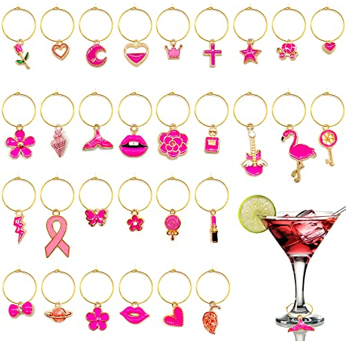 30 Pcs Charms Anelli Pennarelli Distinguere Champagne Ciondolo Vetro Vino Color Charms Marcatura Pennarello Vetro Marcatori Bevande Cocktail Pennarello Colorato Bevi Festa Marcatore (rosso rosato)