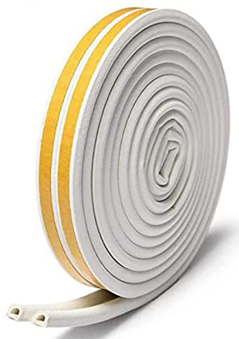 Draught Excluder Tape for Door Window Insulation Seal Strip Adhesive Foam Blocker Type D 9mm X 6mm X 3 Meters, 2 Seals Total 6M White