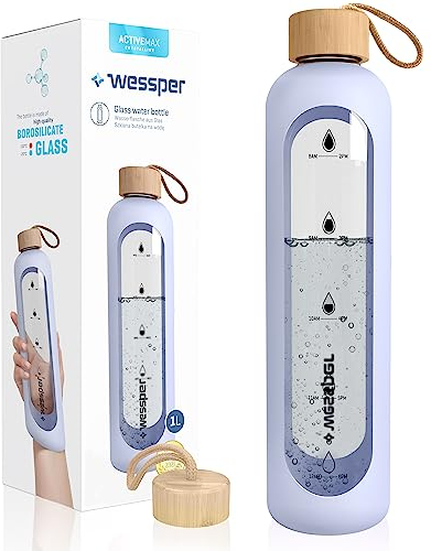 Wessper Bouteille d’eau 1L de Motivation en verre avec temps horaire, Sans BPA, Gourde en verre hermétique 1000 ml avec couvercle en bambou réutilisable avec housse en silicone – Violet