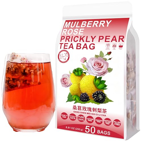 Plant Gift 25 Cups Mulberry Rose Prickly Pear Tea Bag (桑葚玫瑰刺梨茶 SANG SHEN MEI GUI CI LI CHA) 8.81oz (10g*25bags/250g) Poria Cocos, Lily Natural Mixed Herbal Combination of Floral Tea