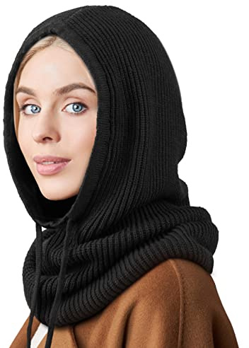 Hooded Scarf Hat Knit Balaclava Women Beanie Skull Cap with Drawstring Warm Winter Hats for Women Men Outdoor Sports